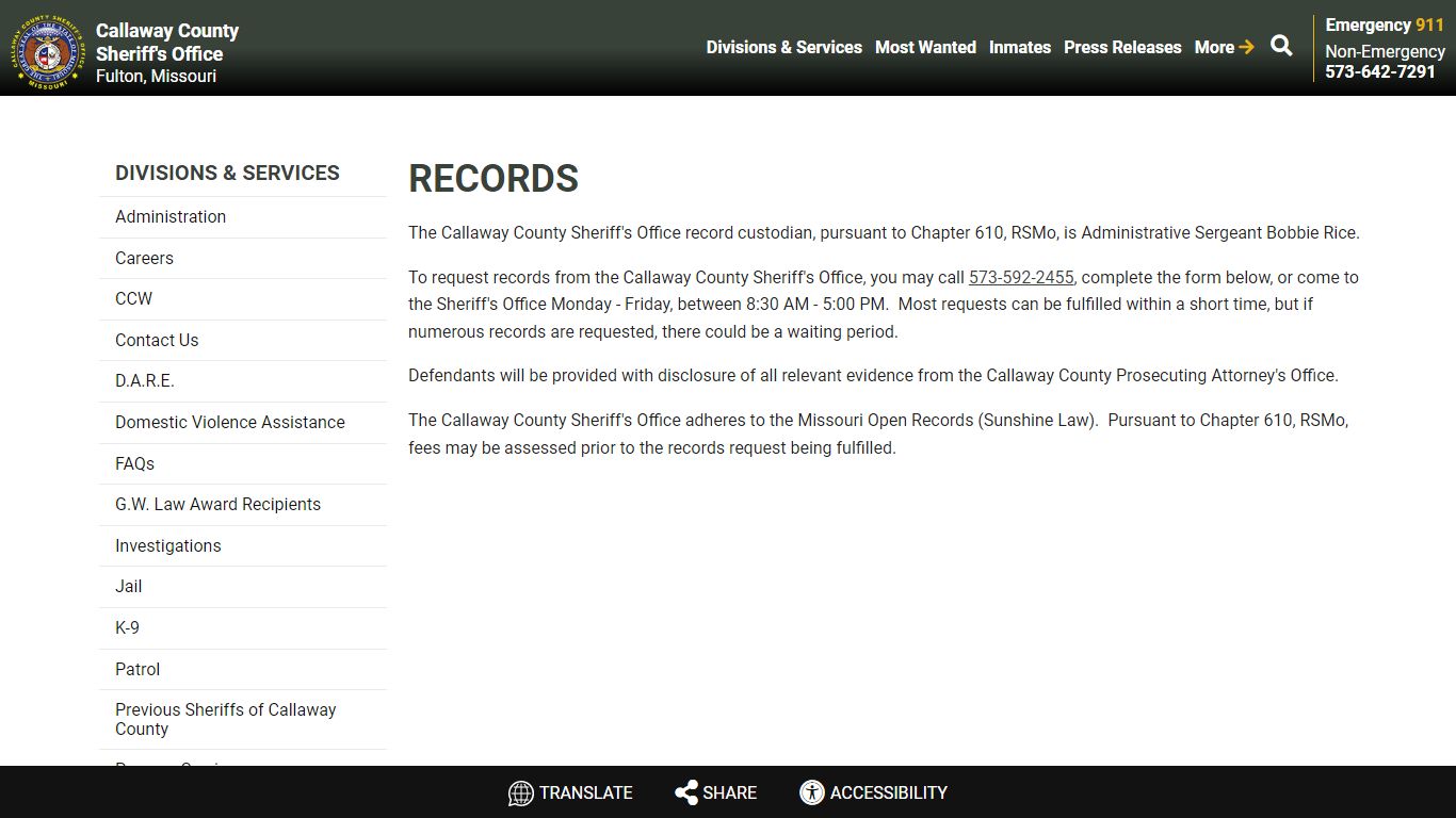 Records | Callaway County Sheriff's Office, Missouri